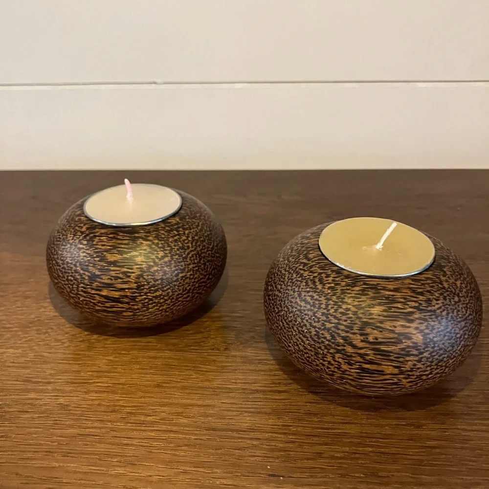 Turned Wooden Globe Candle Holders Rustic Vintage Earthy Decor